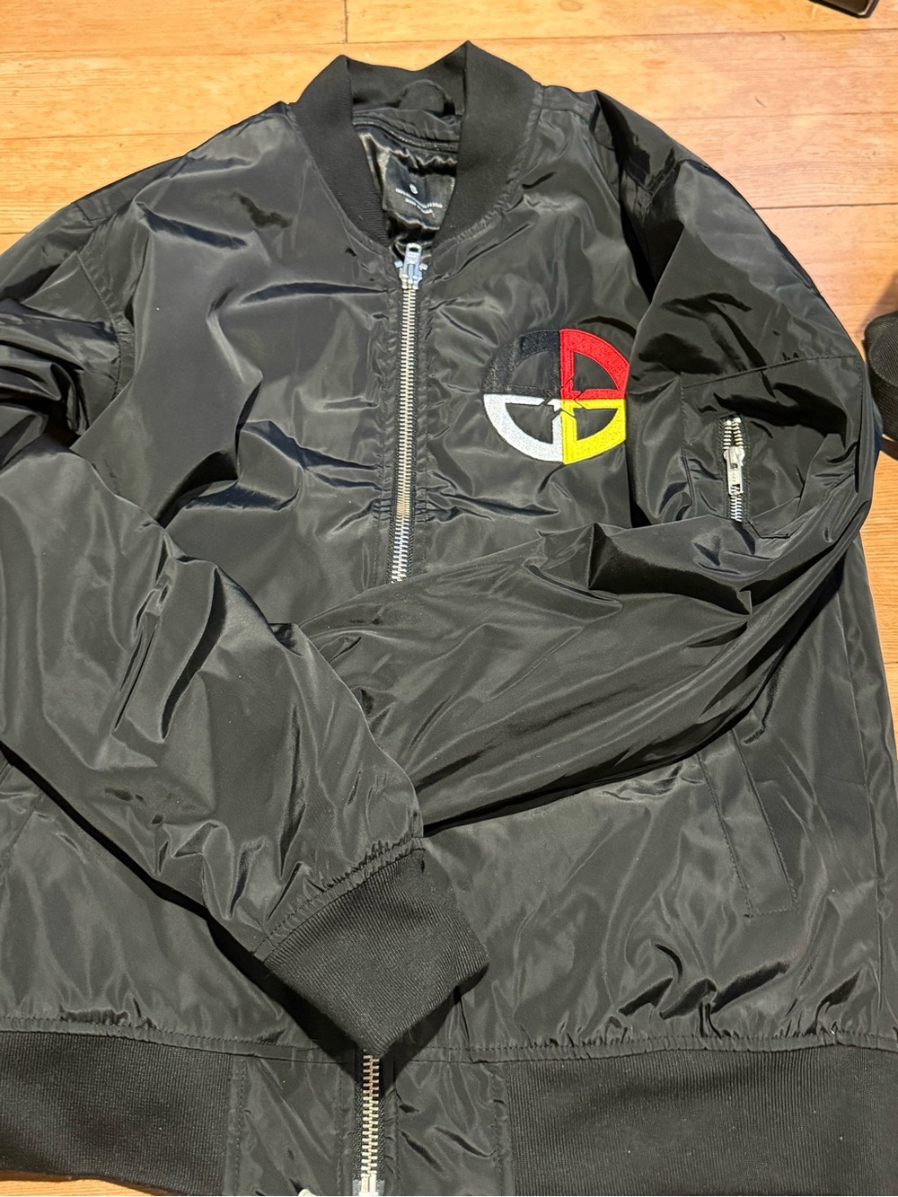 Prada Black Bomber Jacket with Red, Yellow & White Emblem